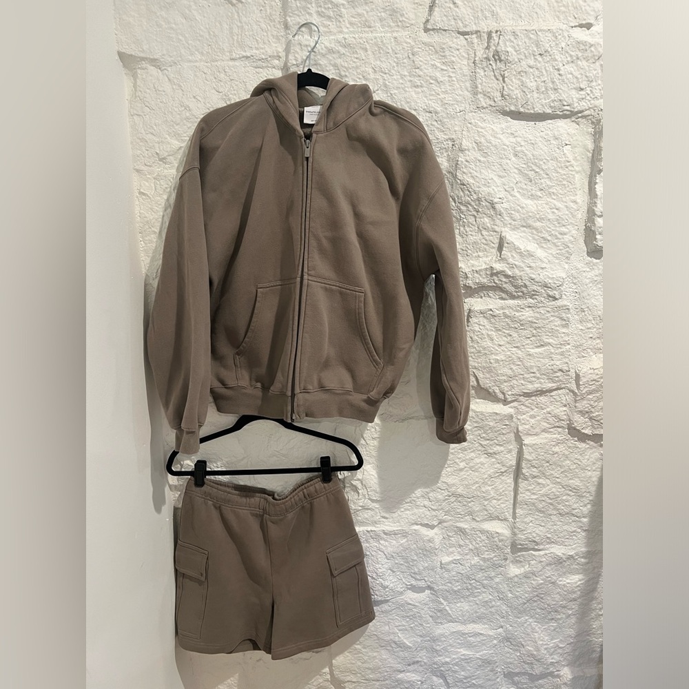 Aritzia Tan Jacket and Shorts Sweatfleece Set.